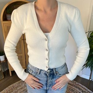 Zara White Fuzzy Sweater with Rhinestone Buttons